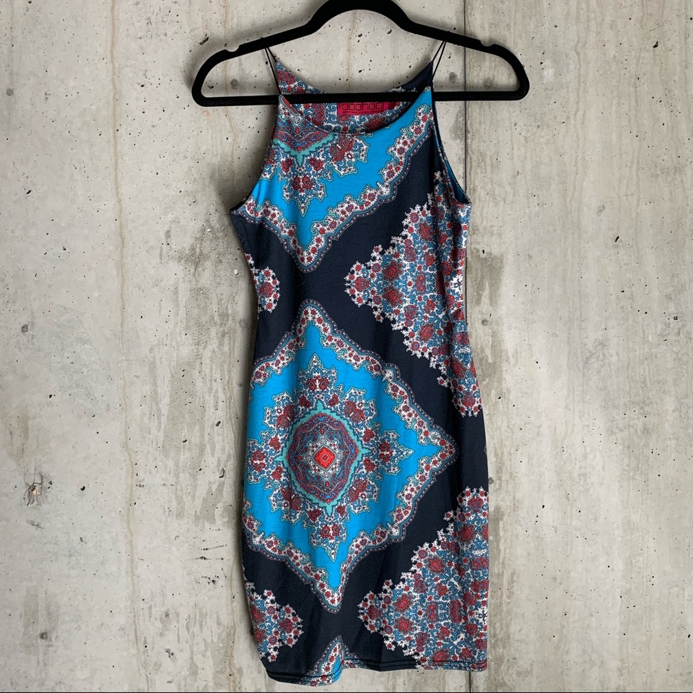 Turquoise and Black Print Dress